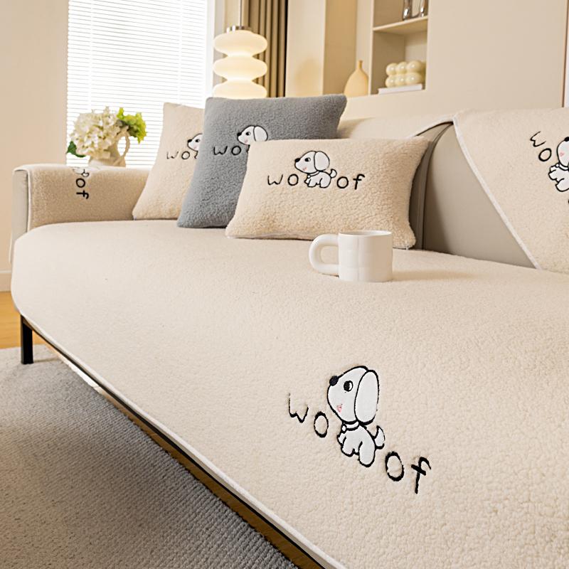 Winter Living Home Non-slip Thick Sherpa Dog Embroidery Slipcover Funda Sofa  Sofa Cushion Couch Covers
