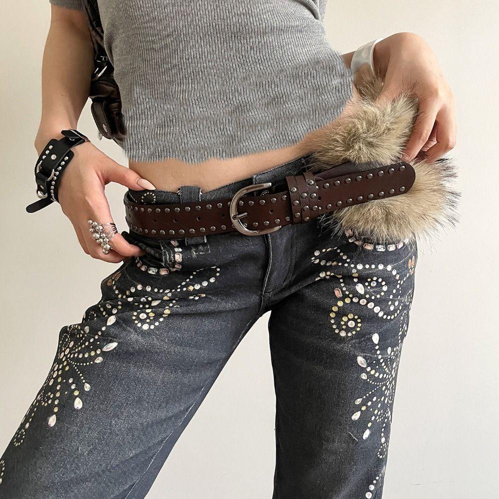 Western Style Y2K Waistband Faux Fur Plush Belt Personality Leather Fur Belt  Daily
