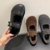 Retro Fluffy Shoes Fleece Warm Mary Jane Shoes One-word Buckle with Shallow Mouth Round Head Flat-soled Single Shoes