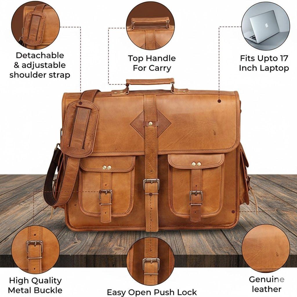 Brun handgjord läderväska för män Laptop Snygg mångsidig herr Brun läderportföljväska för män Laptopväska i läder