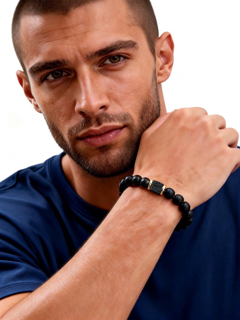 Mountain Stone Black Bead Bracelet for Men,8mm Black Agate Beaded Bracelet,Trendy Jewelry GIft