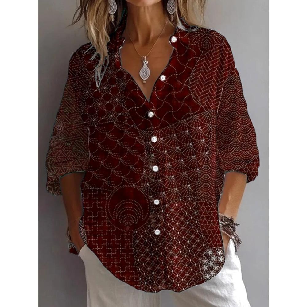 Fashion Women s Geometric Paisley Vintage Blouse Lapel Neck Blouse Womens Long Sleeve Shirts Womens Clothing Female Clothing S