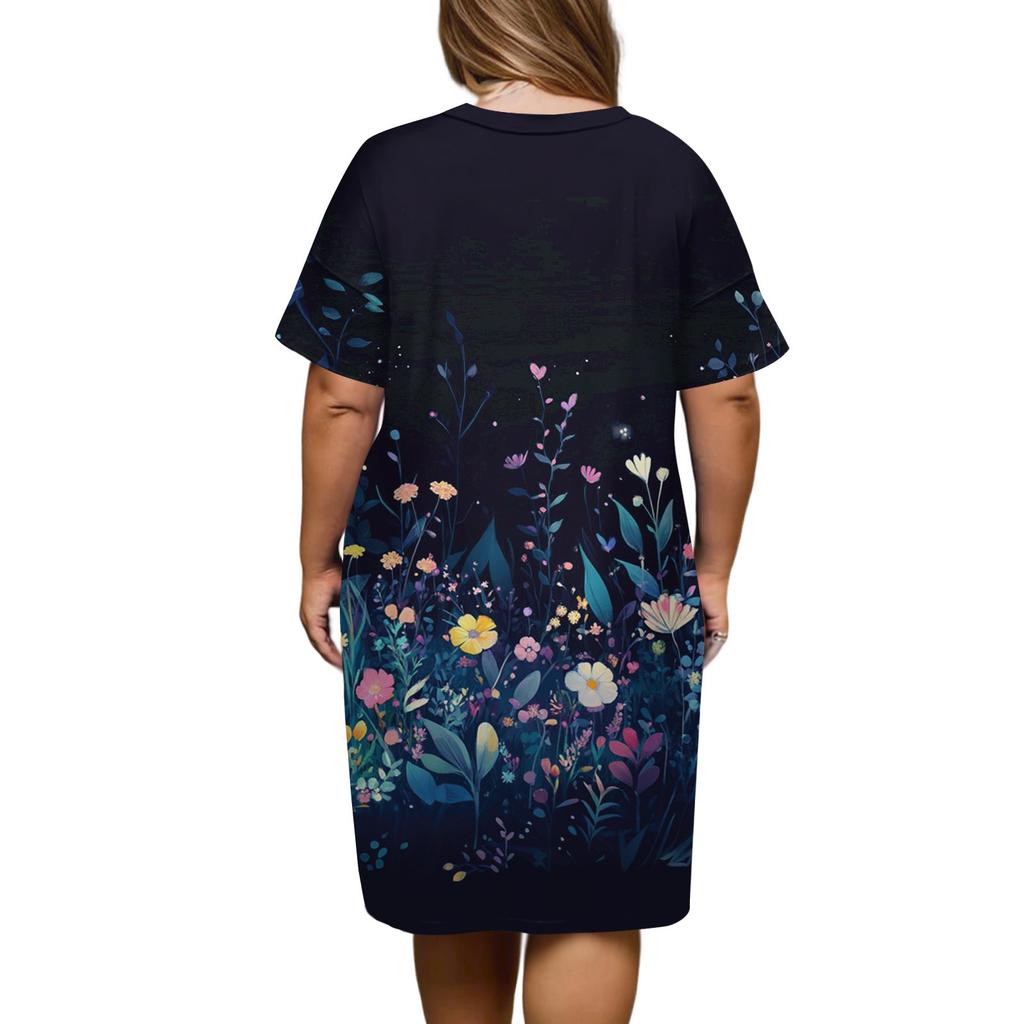 Summer Plus Size V Neck Short Sleeve Knee Pocket  Print Casual Dress For Women