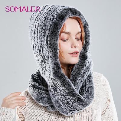 Winter Rabbit Fur Hat Scarf for Women Russian Style Knitted Fur Beanies and Scarf