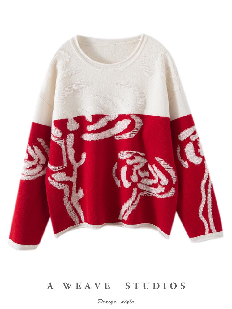 Women's Zodiac Year Red 100% Pure Wool Jacquard Sweater - Cozy, Soft, and Loose Fit