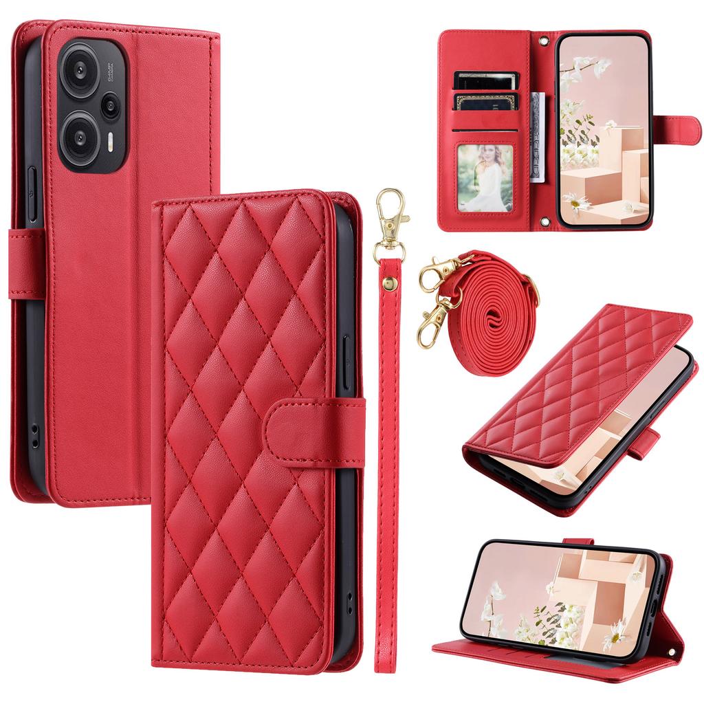 For Xiaomi Poco F5 5G/Redmi Note 12 Turbo Magnetic Case Rhombus Grid Leather Cover with Wrist Strap