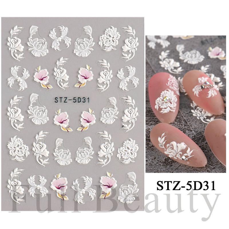 1 Sheet 5D Simple Flowers Nail Embossed Stickers Elegrant Wedding Design Adhesive Sliders Summer Textured Engraved Nail Decoration