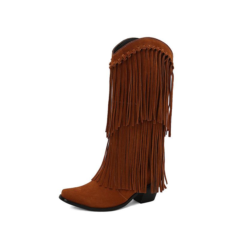 Autumn and winter new ebay supply fringed  boots size small square head solid color versatile high heel medium boots