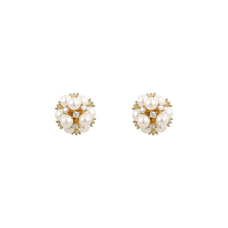 Elegant Rhinestone and Pearl Stud Earrings for Women - Retro French Popcorn Design, Exquisite and Versatile Accessories