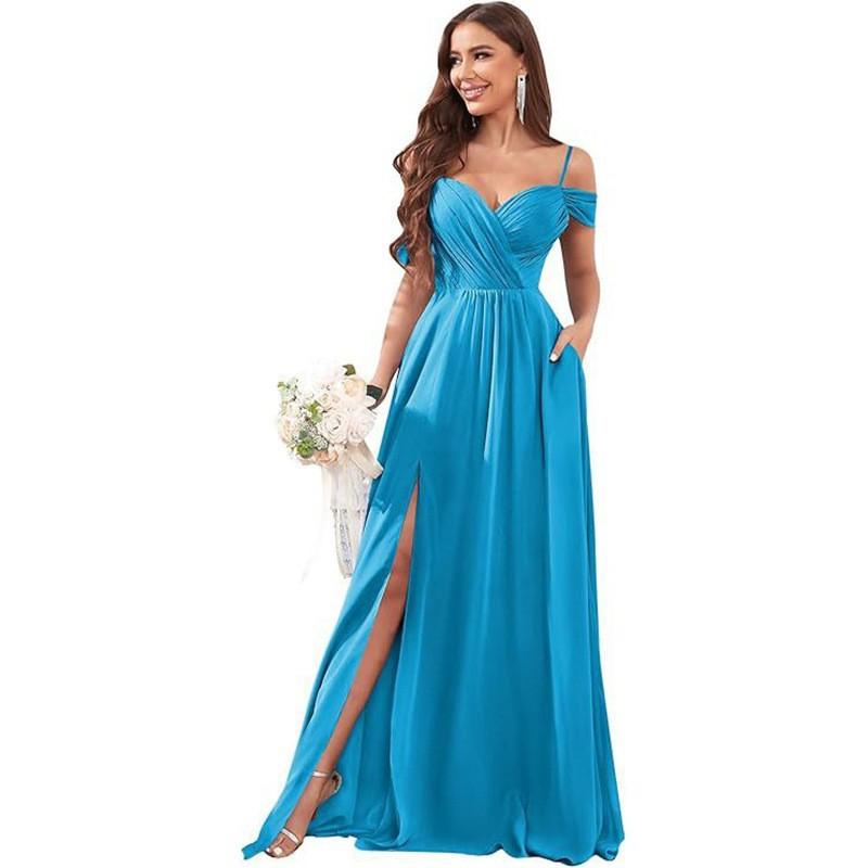 1011 new evening dress European and American bridesmaid dress suspender long dress solid color banquet evening dress