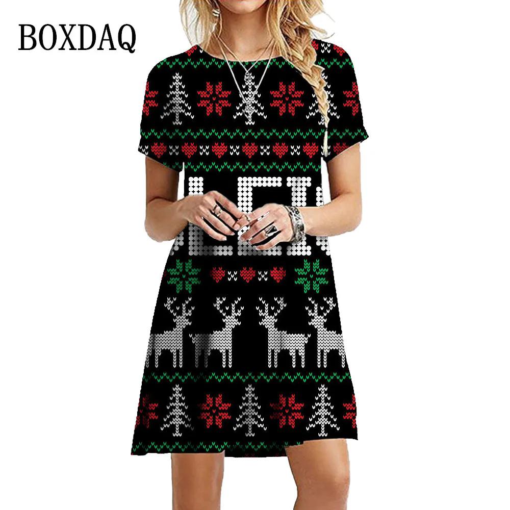 New Year Winter Christmas Deer Snowflake Dresses Women Short Sleeve Loose Tree Fashion Sweet O-Neck Party Dress