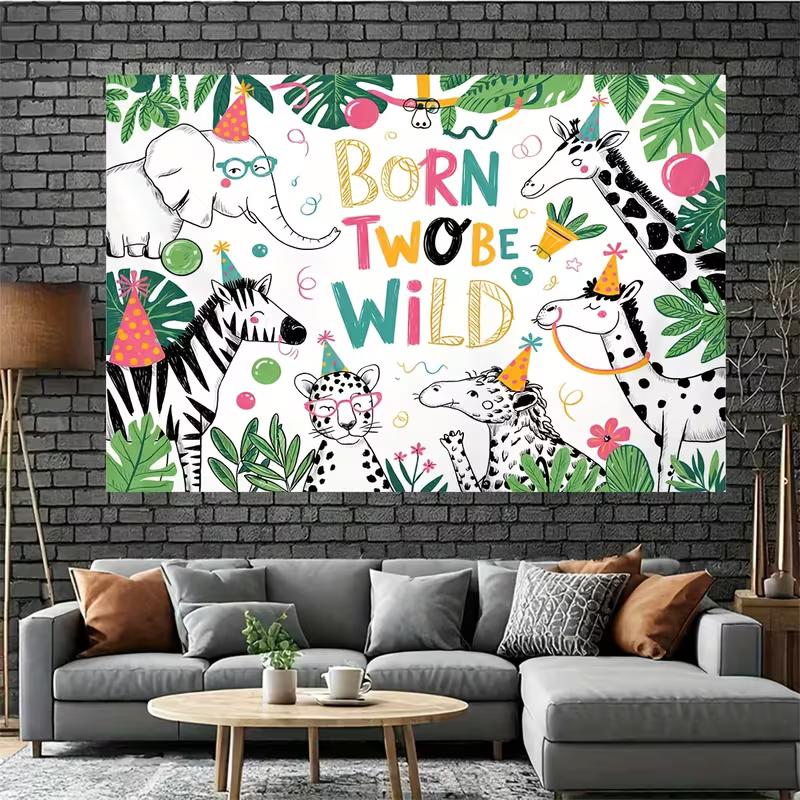 2D Jungle Themed 2nd Birthday Backdrop Cloth for Photo Booth & Decor