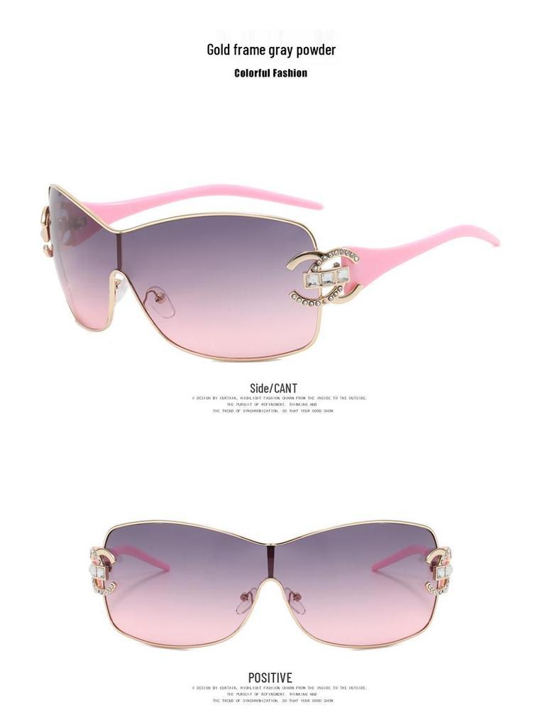 2022 Women's Frameless Rhinestone Fashion Sunglasses, One-Piece Large Frame Design