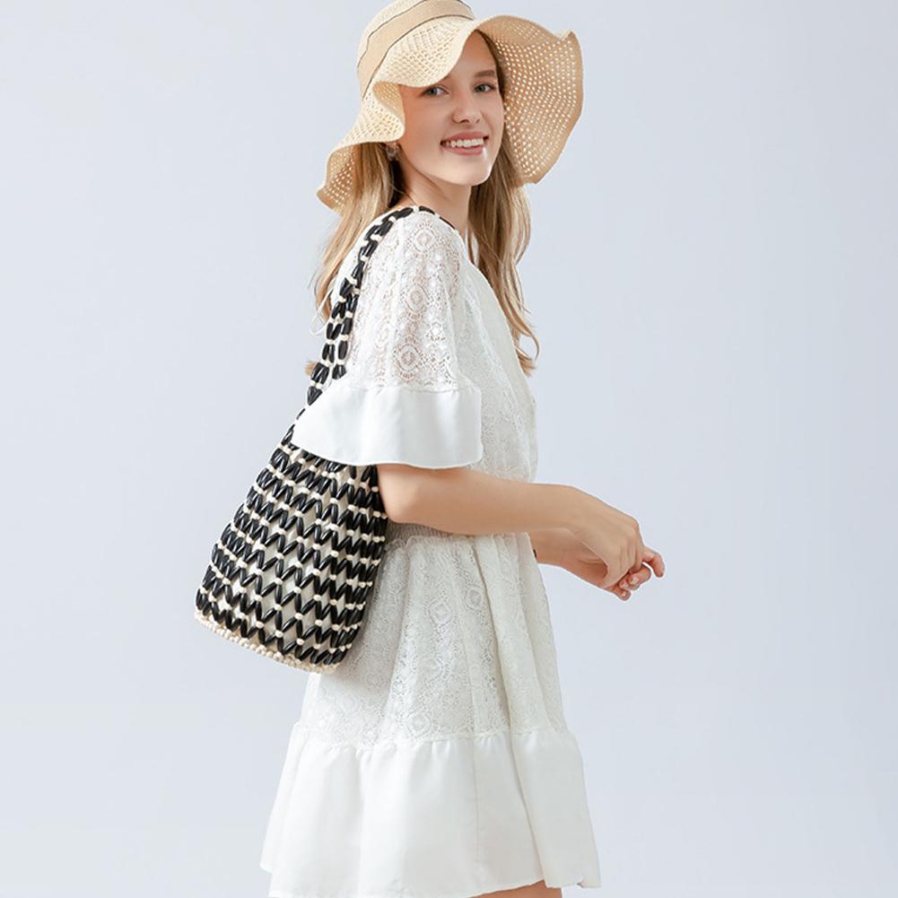 Wooden Beading Woven Hand Bag Hollow-out Tote Bag Handmade Beaded Shoulder Bag Casual Beach Handbag for Women