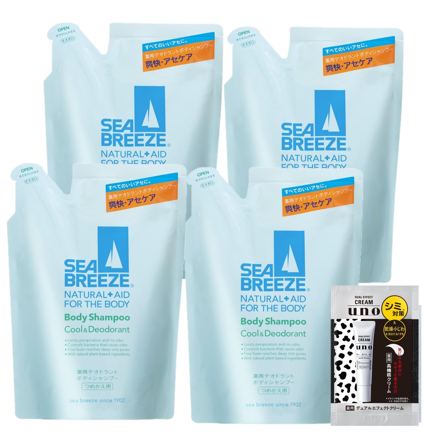

SEABREEZE Шампунь для тела Прохладный дезодорант Сменный блок 400 мл x 4 Бонус Мыло для тела Прохладный запах Пот Лекарственный дезодорант Освежающий Очищающий Поры Грязь [Оптовая закупка]