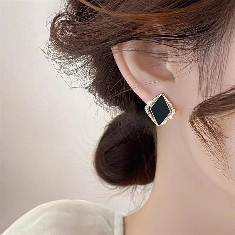 Elegant Black Square Crystal Stud Earrings for Women