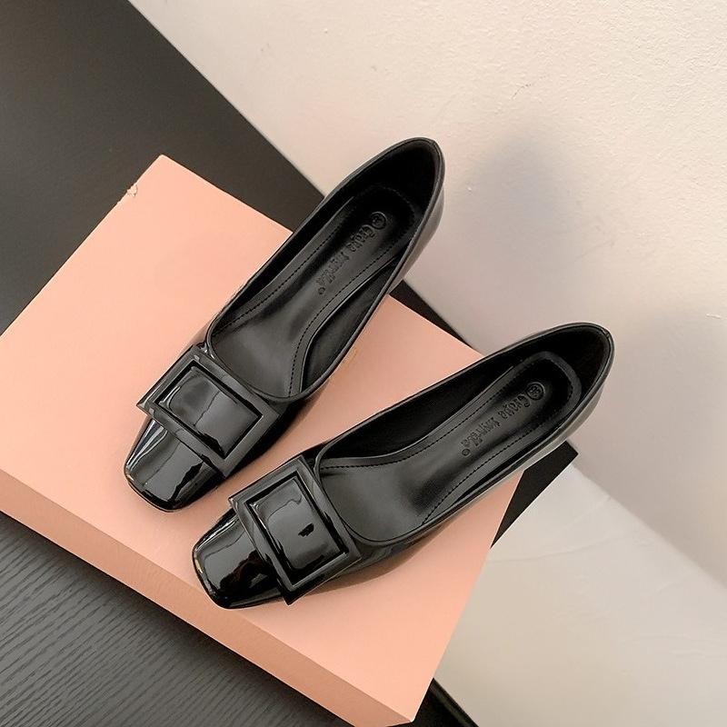 Square-buttoned, Thick-soled Shoes with Square Toes, Elegant High Heels, Single Women's Shoes