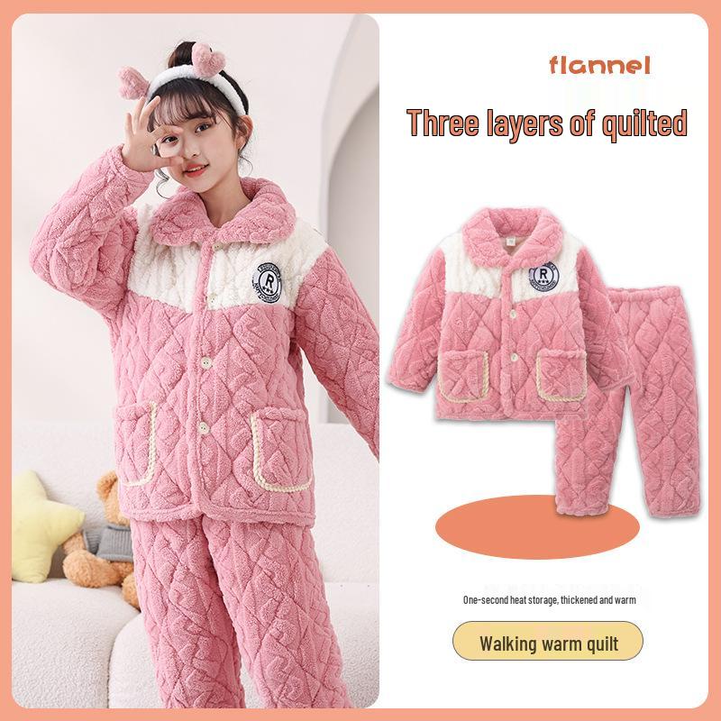 Winter Kids' Flannel Pajamas: Boys & Girls Coral Fleece, Velvet-Lined, Three-Layer Quilted Parent-Child Sleepwear