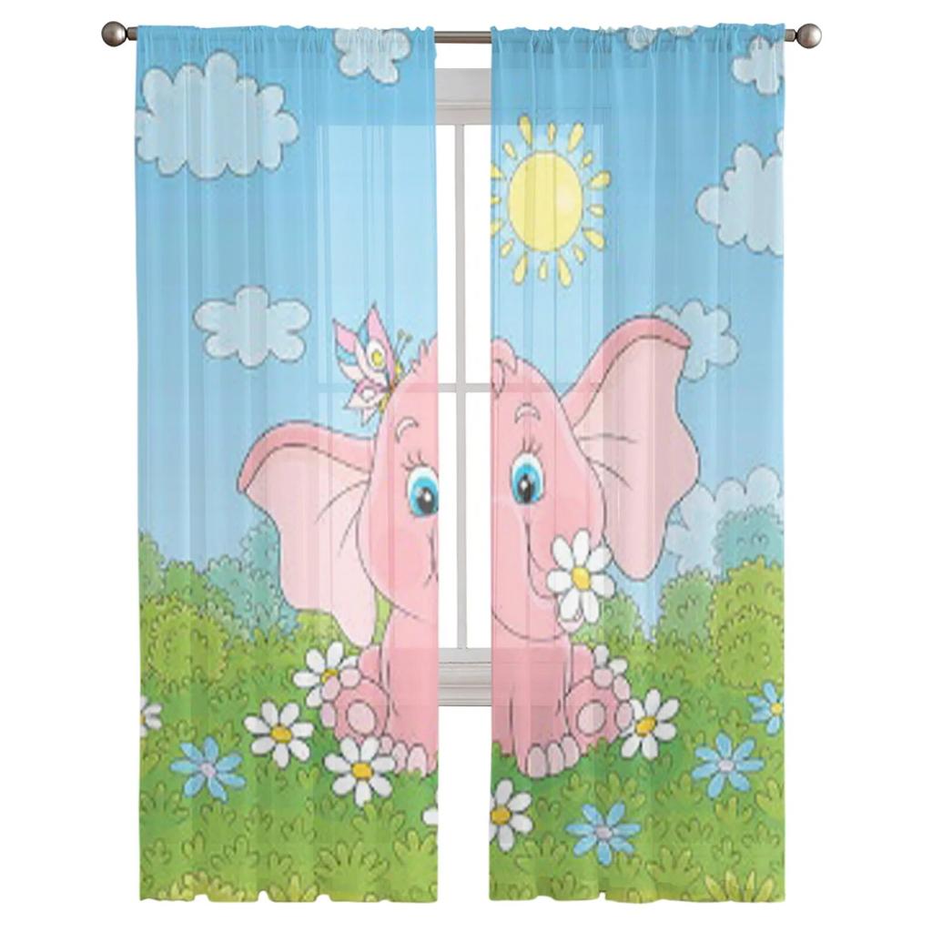 Kleine rosa Elefanten-Tüll-Vorhänge für Küche, Fenster, Wohnzimmer, moderner Voile-Vorhang, Schlafzimmer-Vorhänge