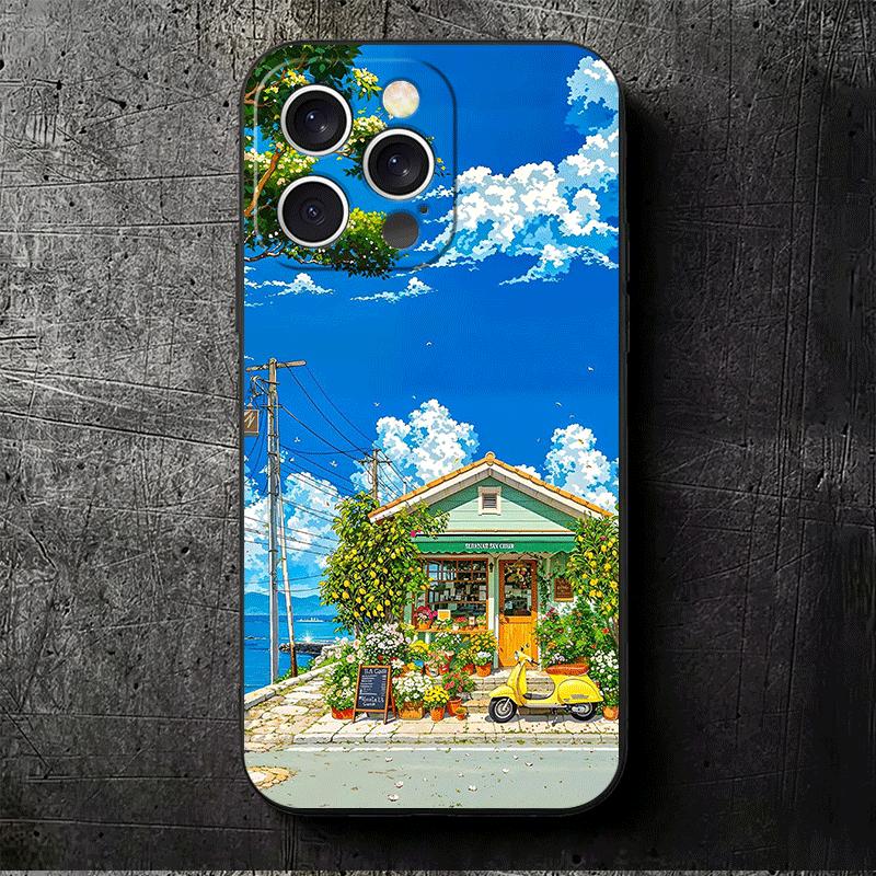 Anime Aesthetic Scenery Soft Phone Case for iPhone 16 16E 17 Air 15 Pro Max 14 Plus 13 Mini 11 12 7 Black Cover Back Shell