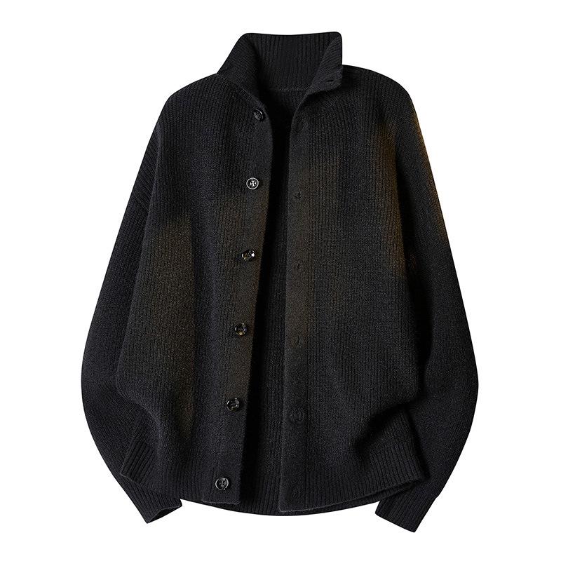 Men's Japanese Retro Solid Turtleneck Cardigan Sweater - Casual Knitwear, Trendy Stand Collar Jacket for Teens