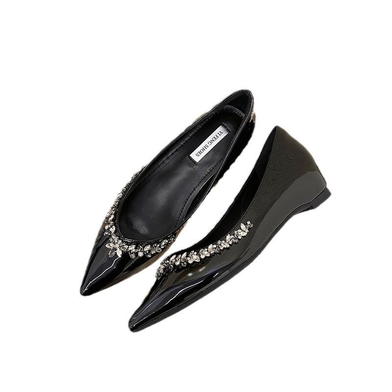 Pointed Toe 5cm Height-Increasing Nude Rhinestone and Black Patent Leather Flats