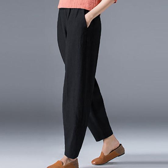 Ladies Long Pants with Pockets Solid Color Elastic Waist Wide Leg Ninth Pants Casual Wear Temperament Women Fashion Loose Linen Trousers Commuter Wear