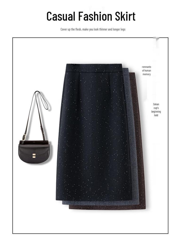Sequined Mid-Length A-Line Skirt - 2025 Autumn/Winter Slit Hip-Hugging Style for Women