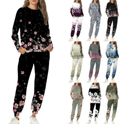 Sets For Women 2 Piece Round Neck Long Sleeve Shirts Printed Sweatpants Pocket Sets