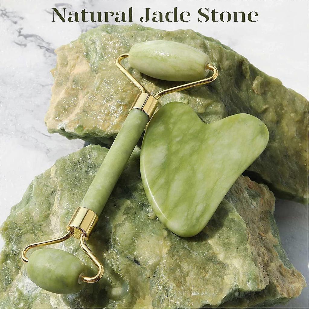 Original Jade Face Roller and Gua Sha from Genuine Jade Stone - Face Roller with Gua Sha Stone - Facial Massage for Eyes, Neck, Younger Skin and Reduc