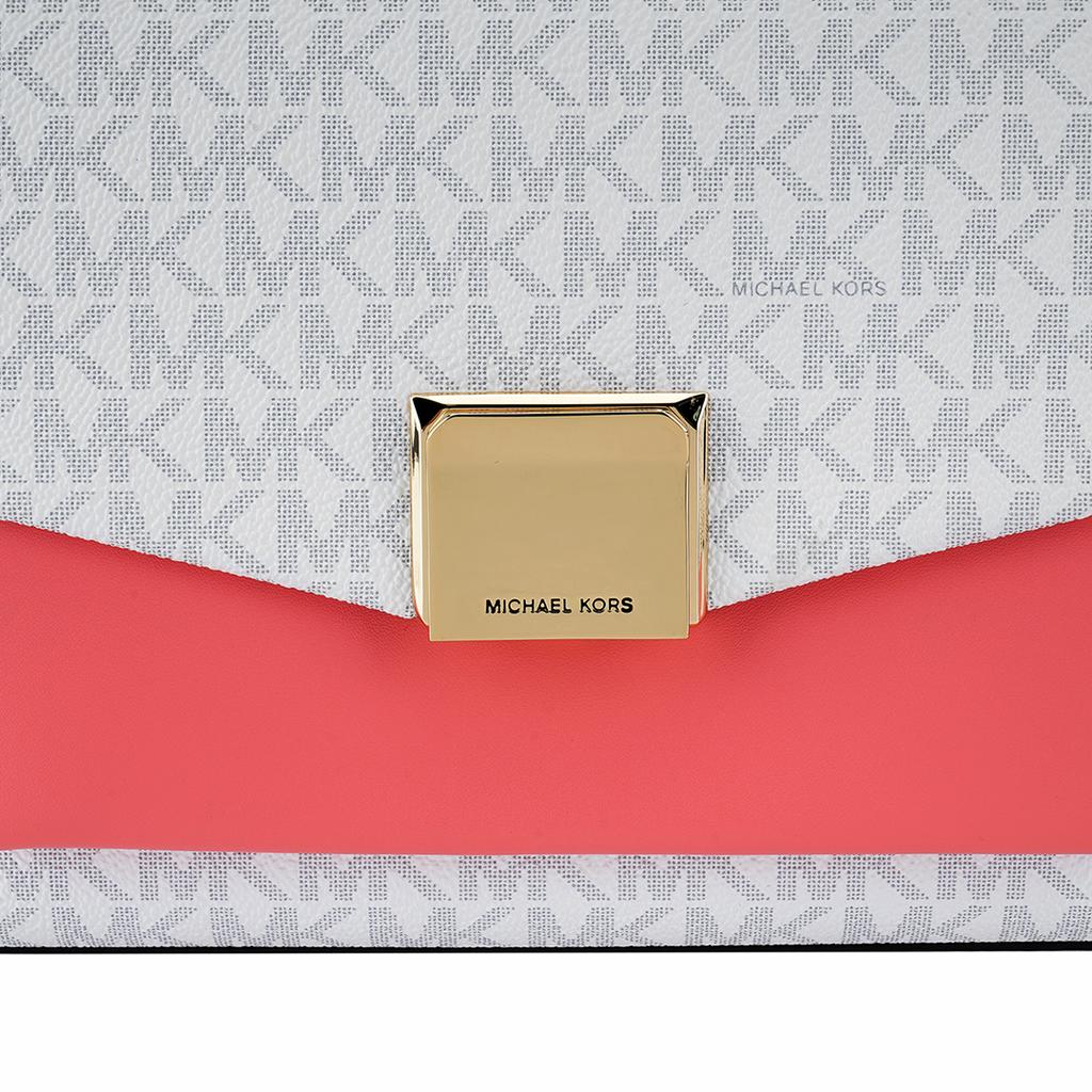 New MICHAEL KORS Lita Canvas Shoulder Bag, Crossbody Bag, Handbag Medium Women's White & Rose Red 35T0GXPL2B-604