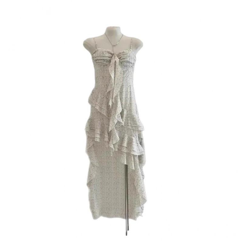 French Temperament Suspender Dress Fairy Seaside Vacation Women Irregular Ruffled Long