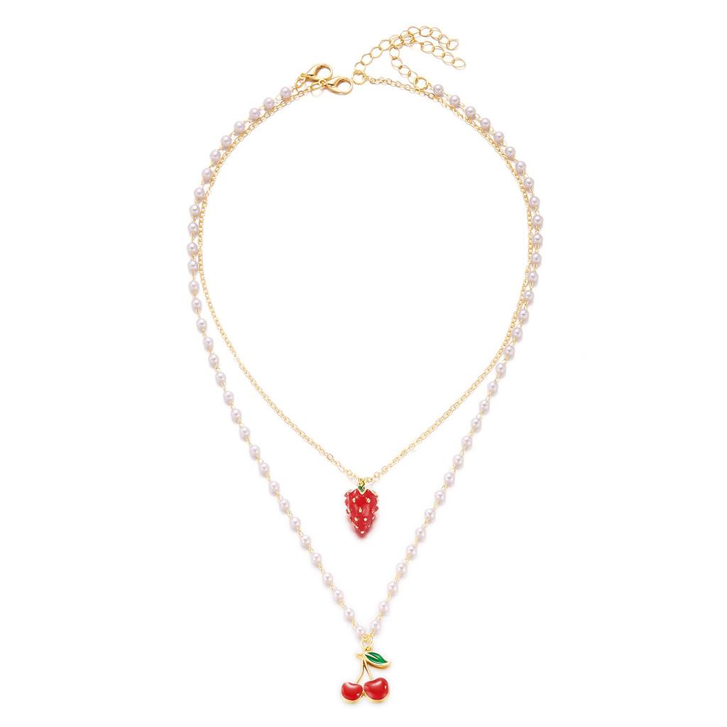 Kirschfrucht Anhänger Halskette Für Frauen Sommer Mehrschichtig Legierung Kette Mit Buchstaben Design