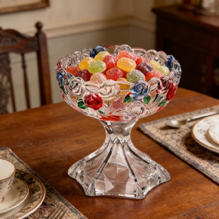Classical Embossed Floral Glass Serving Bowl Storage Dish Tray For Dry Fruits And Centerpieces Decoration