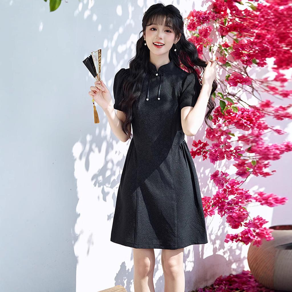 Summer new small fresh princess style polyester jacquard cheongsam personalized college style lady sexy short skirt cheongsam