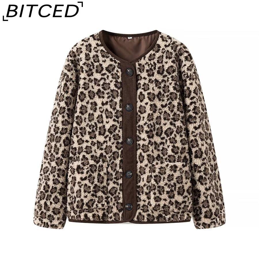 BITCED Women's Autumn Button-Front Fashion Leopard Print Oversized Shearling Coat
