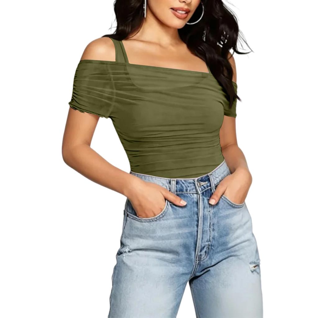 Womens Spring Tops Off Shoulder Ruched Design Summer Shirts for Women Casual Short Sleeve Tshirts Shirts for Women