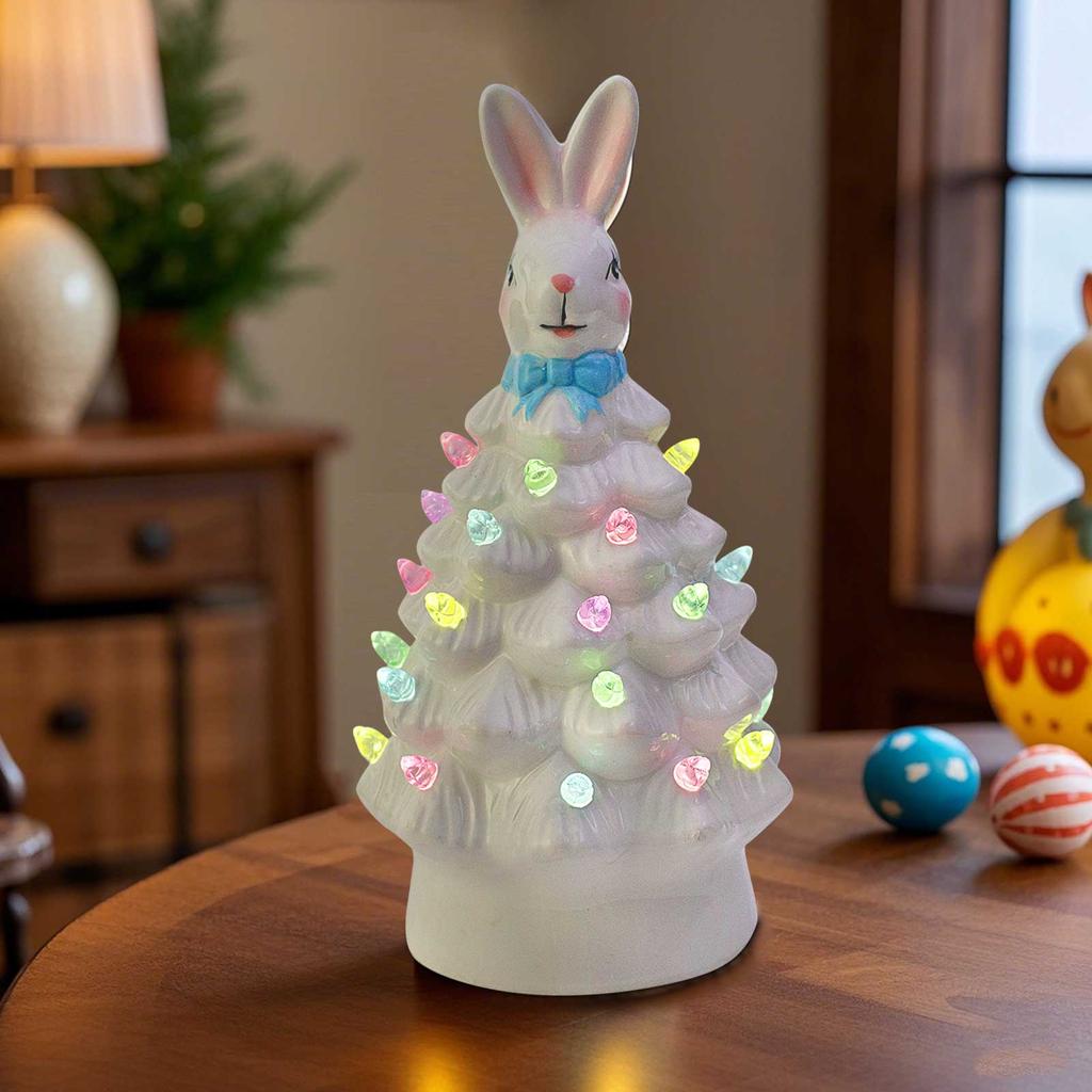 Ceramic Easter Bunny Tree Decoration with LED Lights Holiday Collectible Figurines Fireplace Table Farmhouse Spring Home Decor