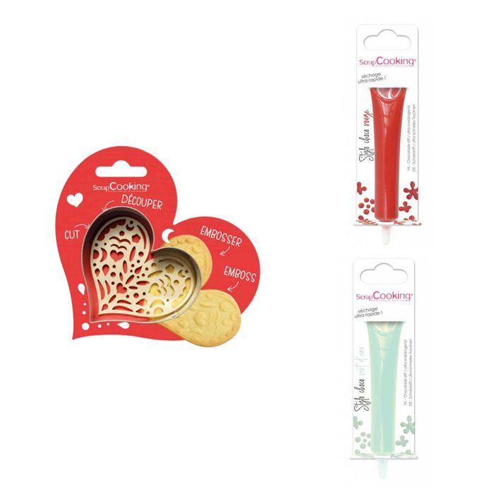 Heart Embossed Biscuit Kit + 2 Red and Water Green Chocolate Pens
