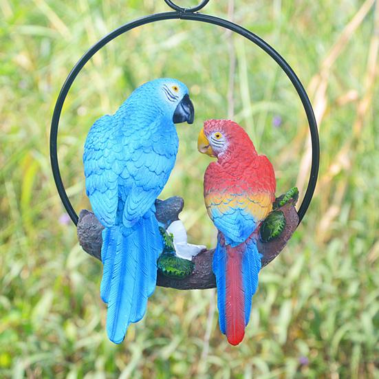 Parrot Pendant, Waterproof Resin Outdoor Garden Decoration with Iron Ring Suspension, Realistic Macaw Pair Hanging Ornament for Balcony Trees Indoor