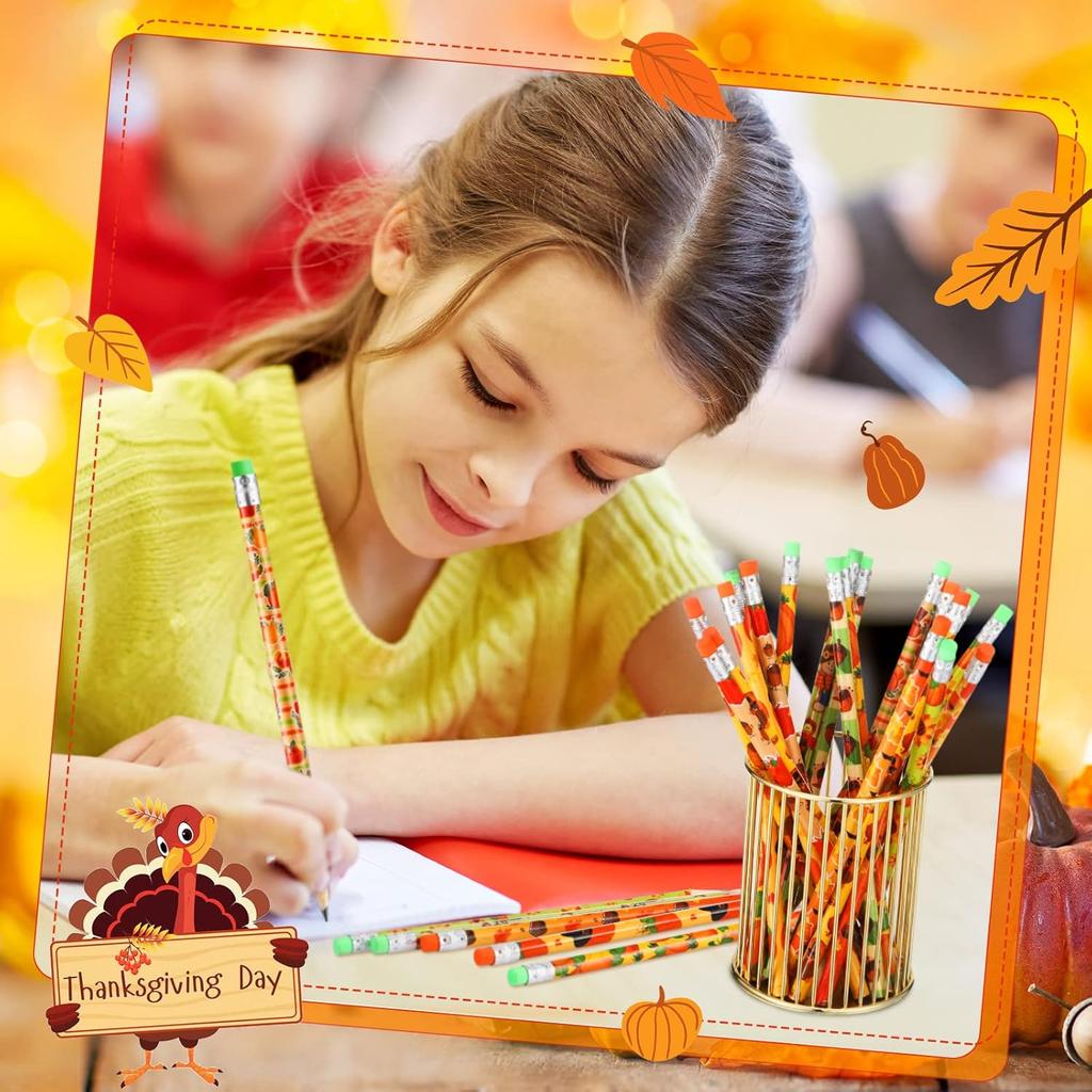 Crtiin 50 Pcs Fall Pencil Thanksgiving Assortment Wood Pencils Autumn Cylinder Funny Pencils Maple Leaf Turkey Pumpkin Decorative Pens for Kids