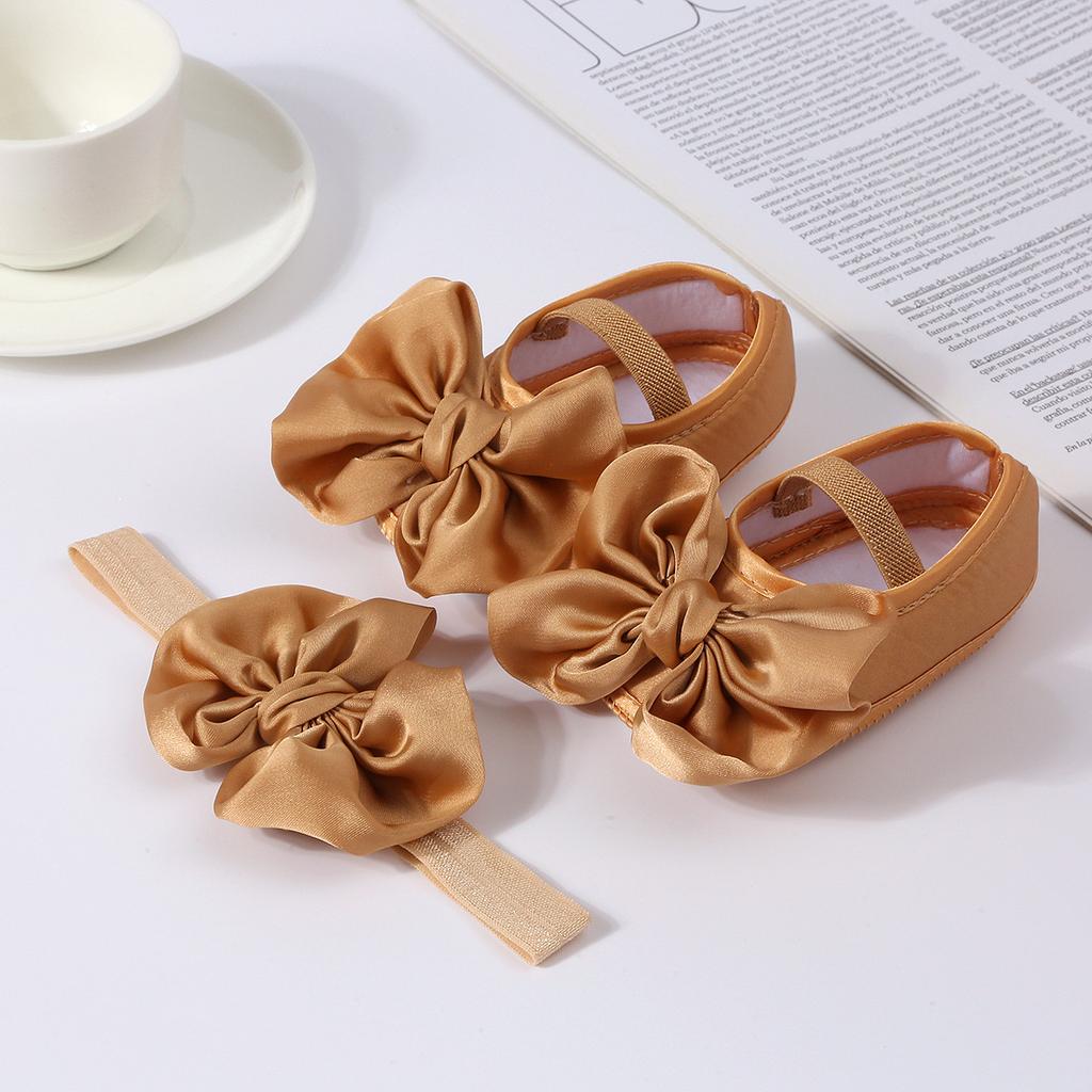 Girls Solid Color First Walkers Shoes & Big Bow Headband Set - Soft Sole Non-slip Toddler Shoes with Grip Dots