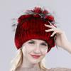 Brand Women Genuine Rex Rabbit Fur Hats Winter Rex Rabbit Fur Beanies Striped Top Flower Fox Fur Warm Real Fur Knit Caps