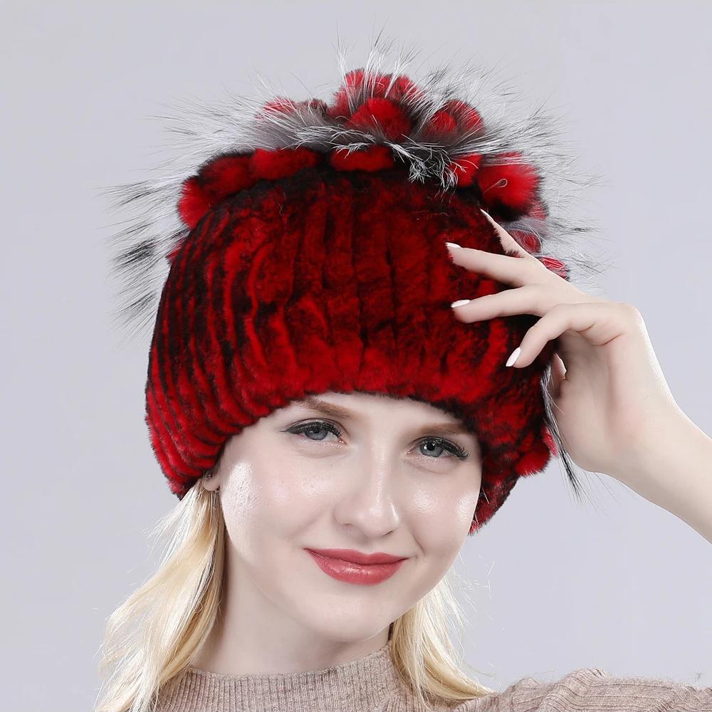 Brand Women Genuine Rex Rabbit Fur Hats Winter Rex Rabbit Fur Beanies Striped Top Flower Fox Fur Warm Real Fur Knit Caps
