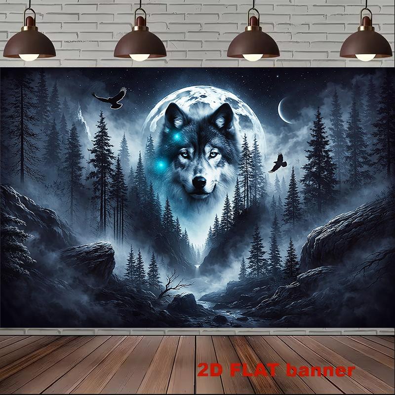 Wolf Moon Tapestry, Majestic Wolf with Glowing Eyes In Pine Forest, Full Moon Night Scene Wall Hanging for Bedroom Living Deco