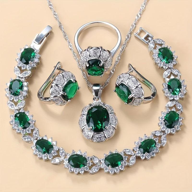 Luxury Emerald Green Cubic Zirconia Jewelry Set - 4pcs 925 Silver Necklace Earrings Ring Bracelet Bridal Wedding Party Accessory