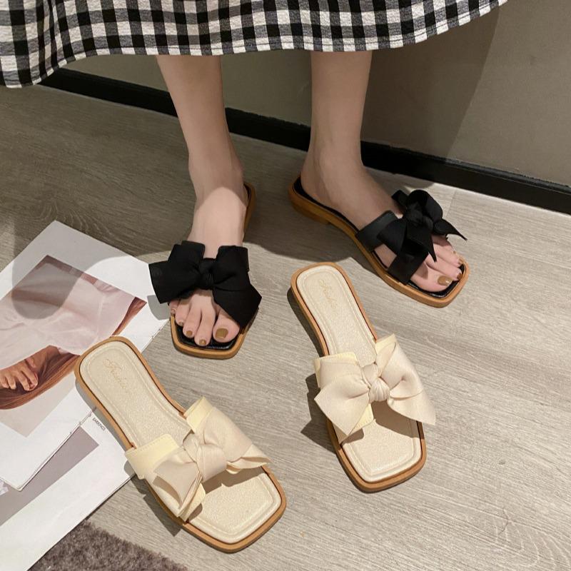 Trendy Square Toe Bowknot Low Heel Outdoor Women's Summer Slippers with Non-Slip Soft Sole