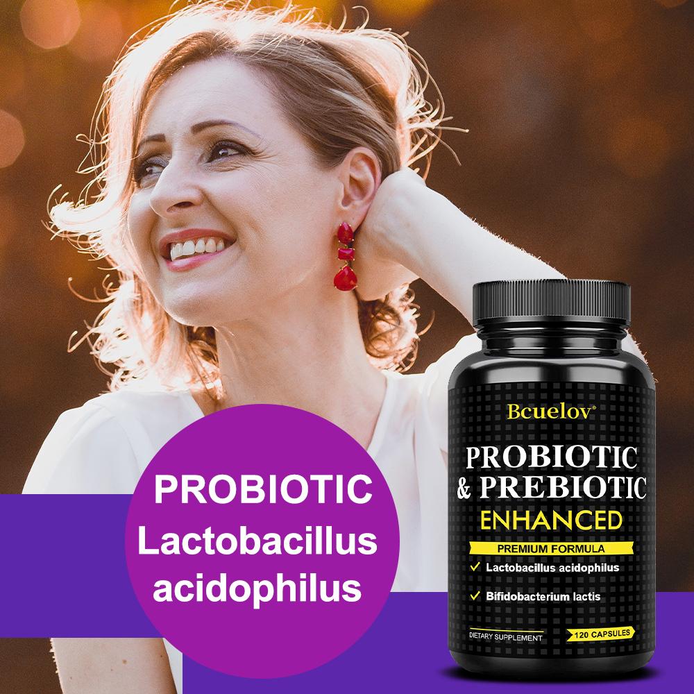 Bcuelov Probiotics and Prebiotics Capsules, containing 440 million live bacteria, 120 capsules.