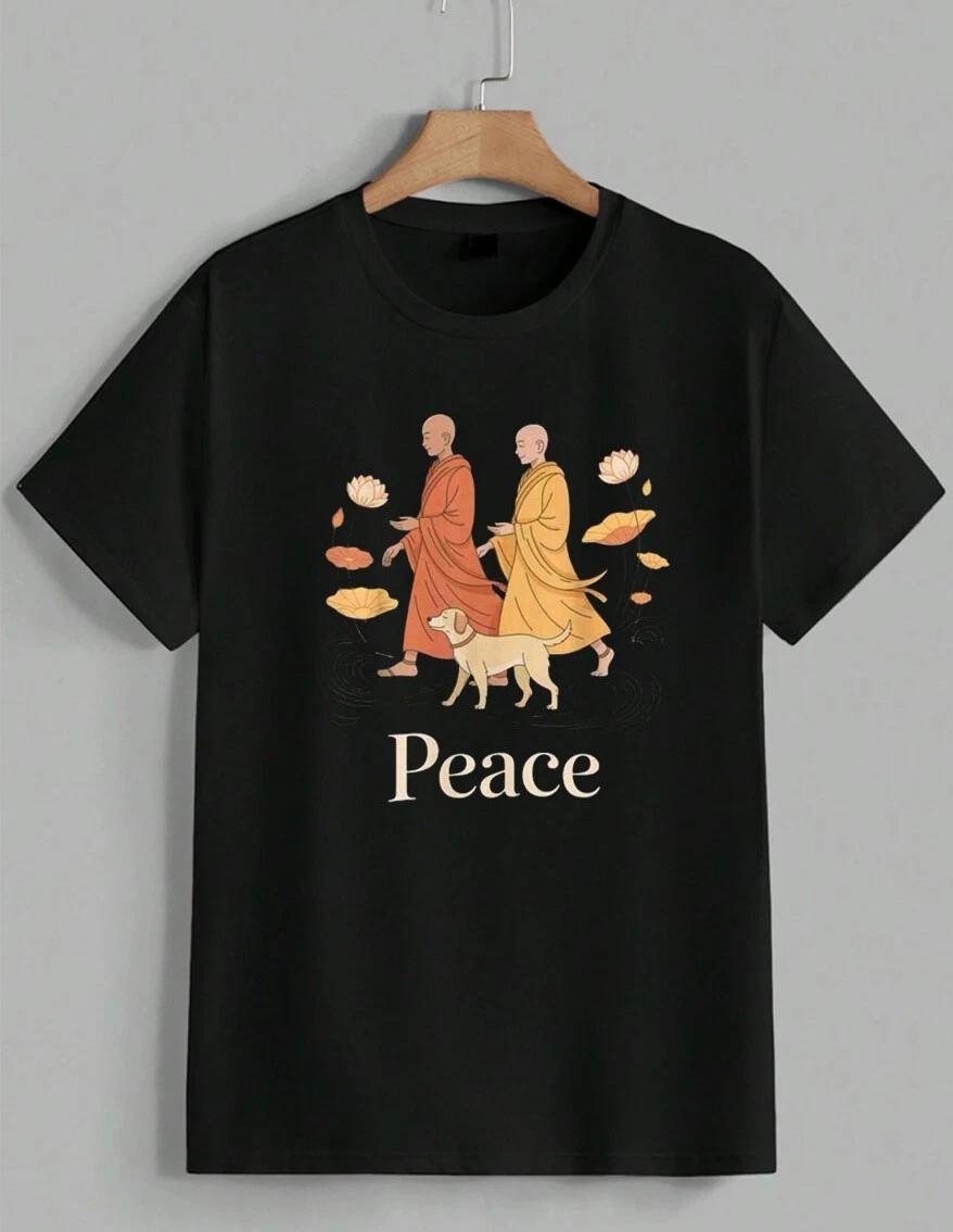Peace Walking Buddhist Monks T-Shirt Zen Art Spiritual Mindfulness Tee Unisex XL