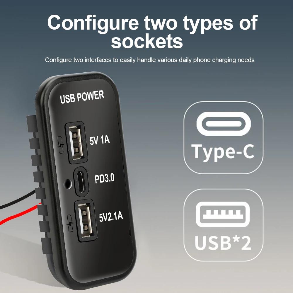 3-Port-USB-Anschluss (12 V), PD 3.0 Typ C, QC 3.0 USB-A & 2,4 A USB-A Schnellladebuchsenadapter für Auto, Motorrad, Boot, LKW